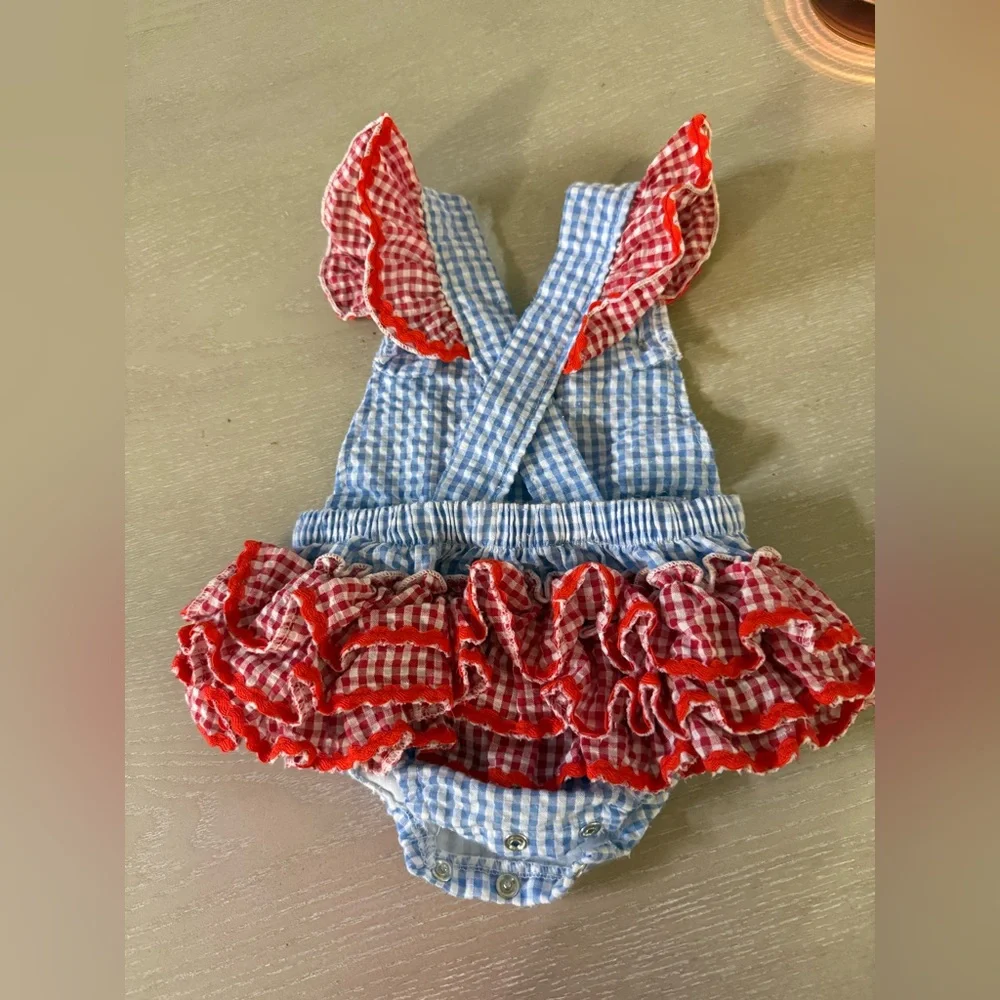 Posh Blue and White Gingham Romper with Red Trim